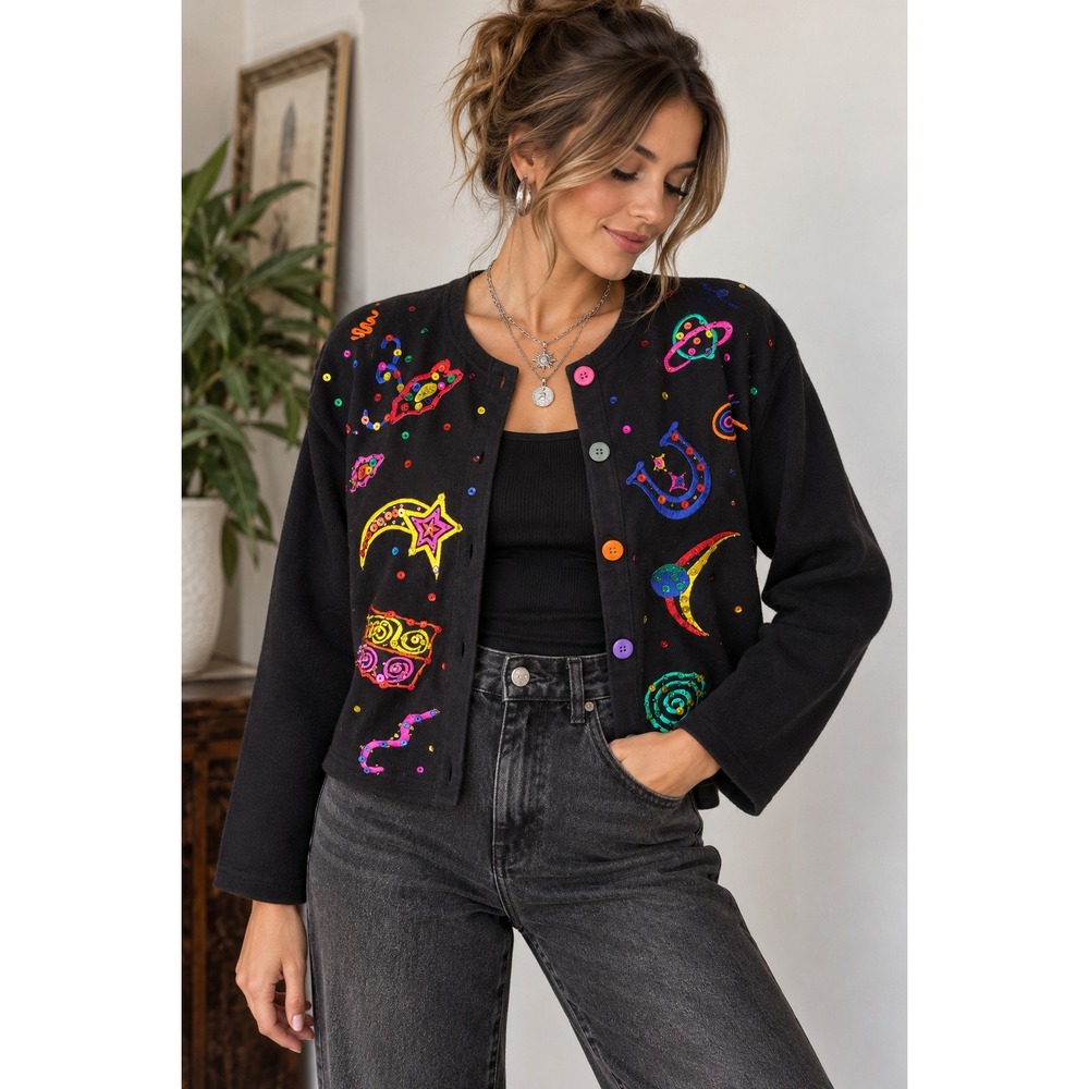 Carole Little Sport Vintage Celestial Sequin Embroidered Cardigan Black Small